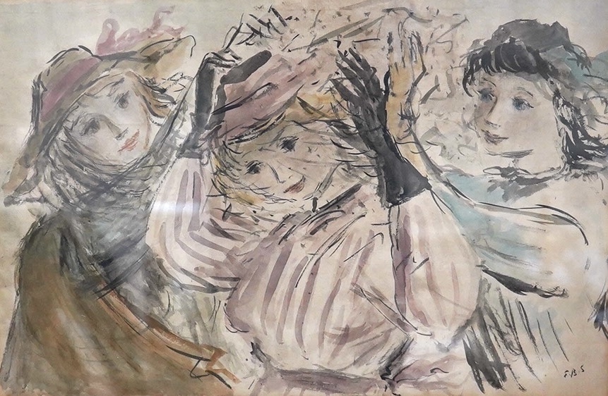 Elinor Bellingham Smith (1906-1988), watercolour, Study of three women, initialled, 26 x 39cm. Condition - fair